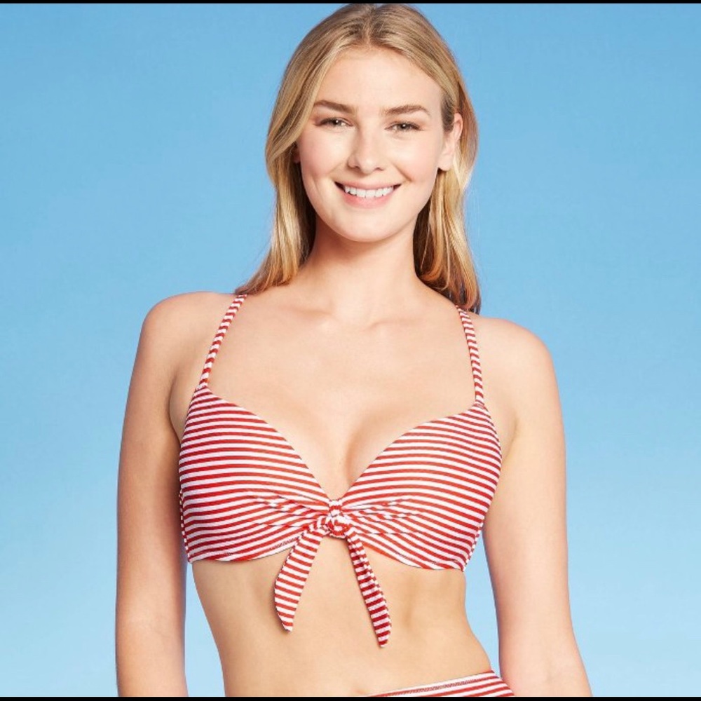 Shade & Shore Tie Front Bikini Top 34D Red White Horizontal Stripe